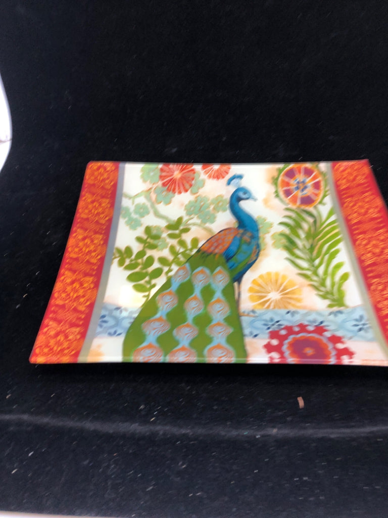 RECTANGLE PEACOCK GLASS PLATTER.