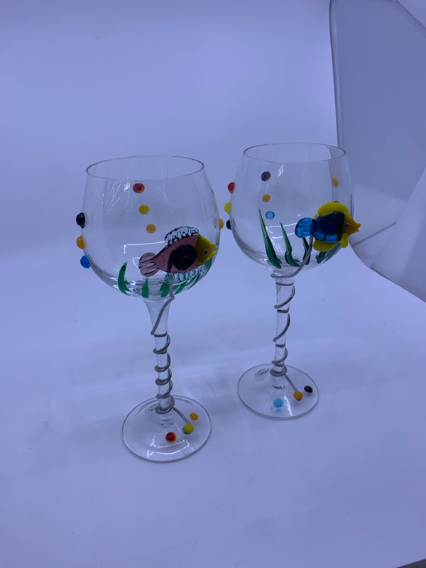 2 VERY DETAILED FISH WINE GLASSES.