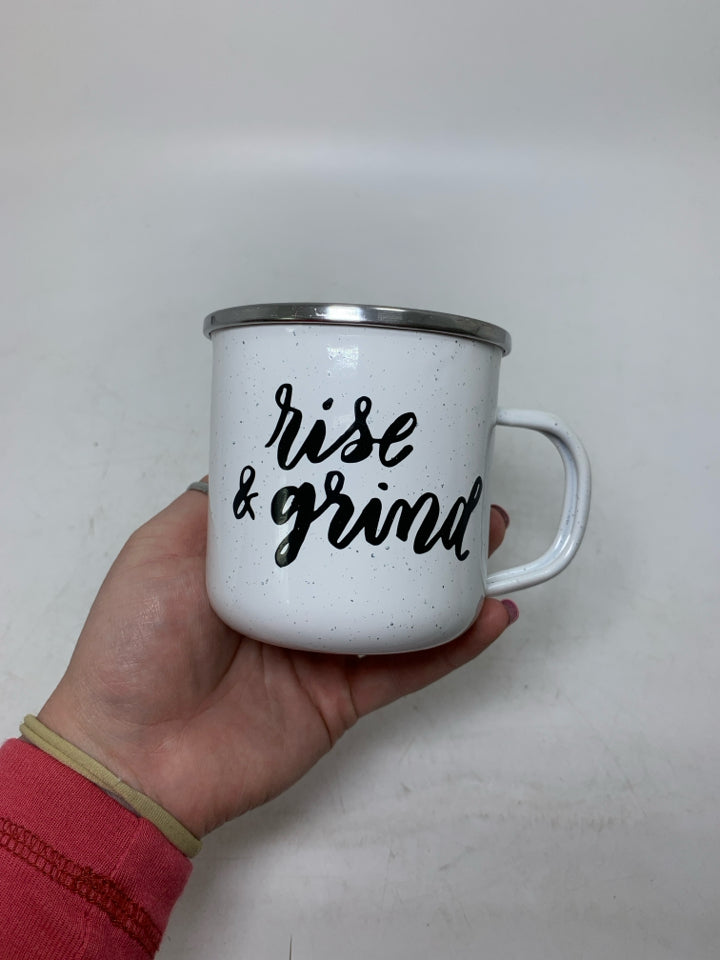 RISE AND GRIND ENAMEL SPECKLED MUG.