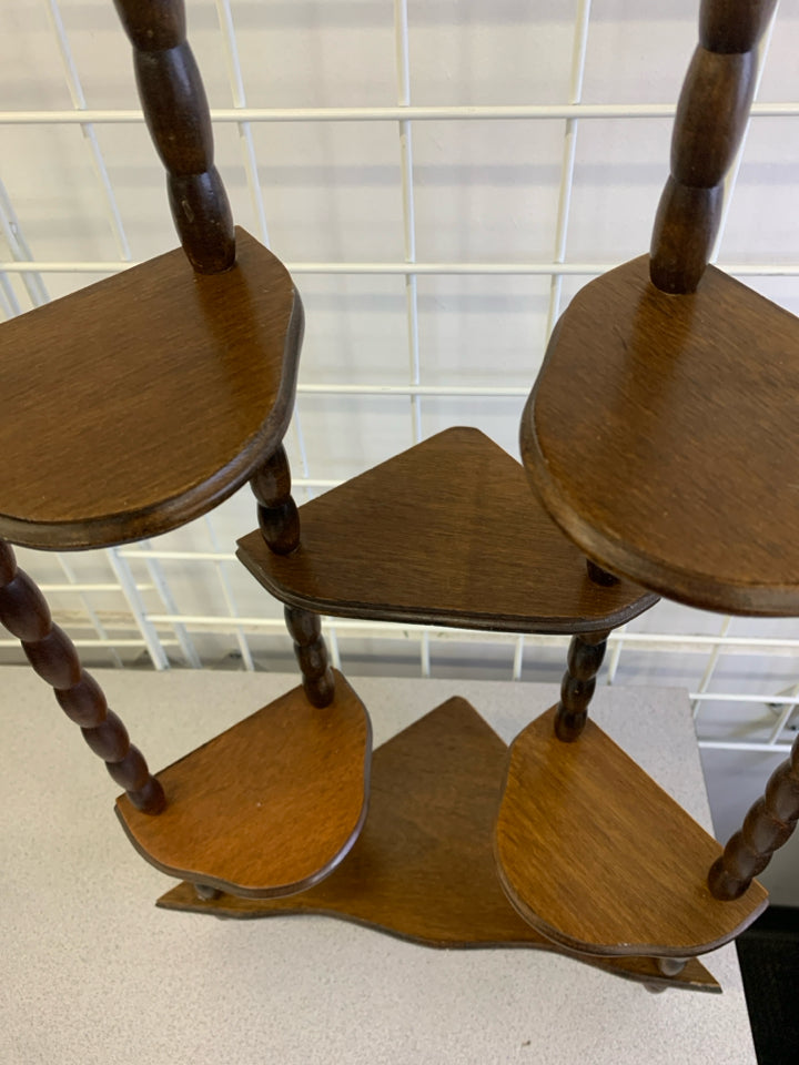 VTG DARK WOOD STANDING SMALL CORNER 7 SHELVES.