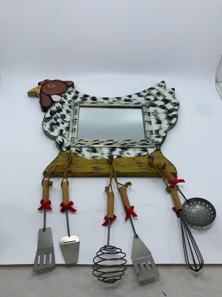 ROOSTER MIRROR W/ UTENSIL WALL DECOR.