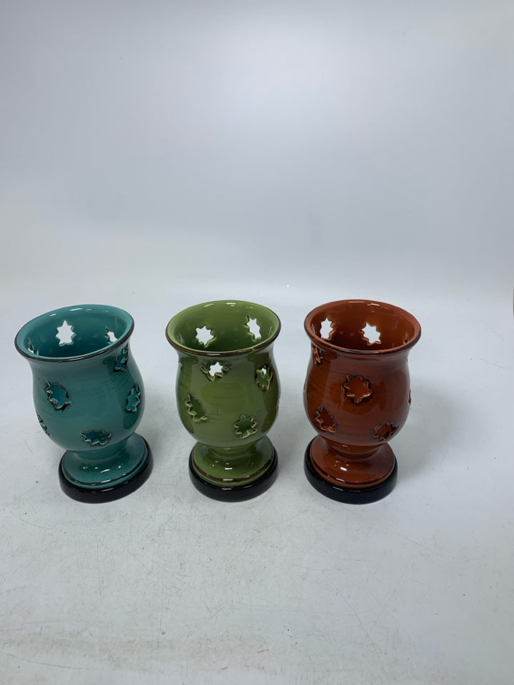 3 FOOTED PIERCED LEAFS TEALIGHT HOLDERS GREEN BLUE ORANGE.