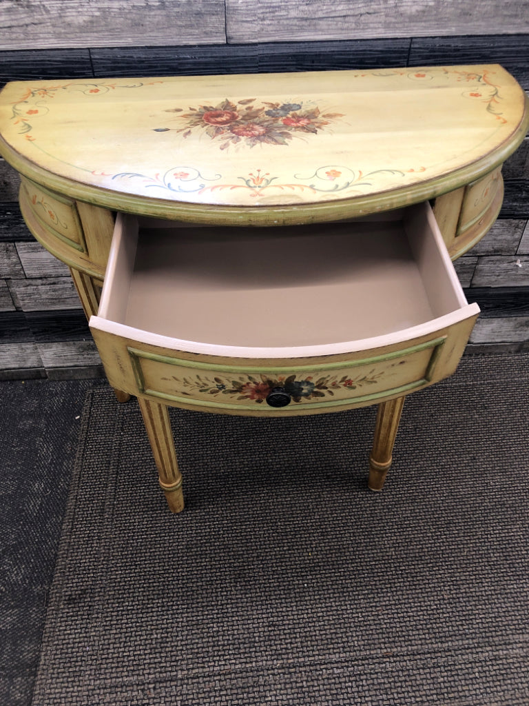 VTG CREAM PAINTED HALF MOON TABLE W FLORAL.