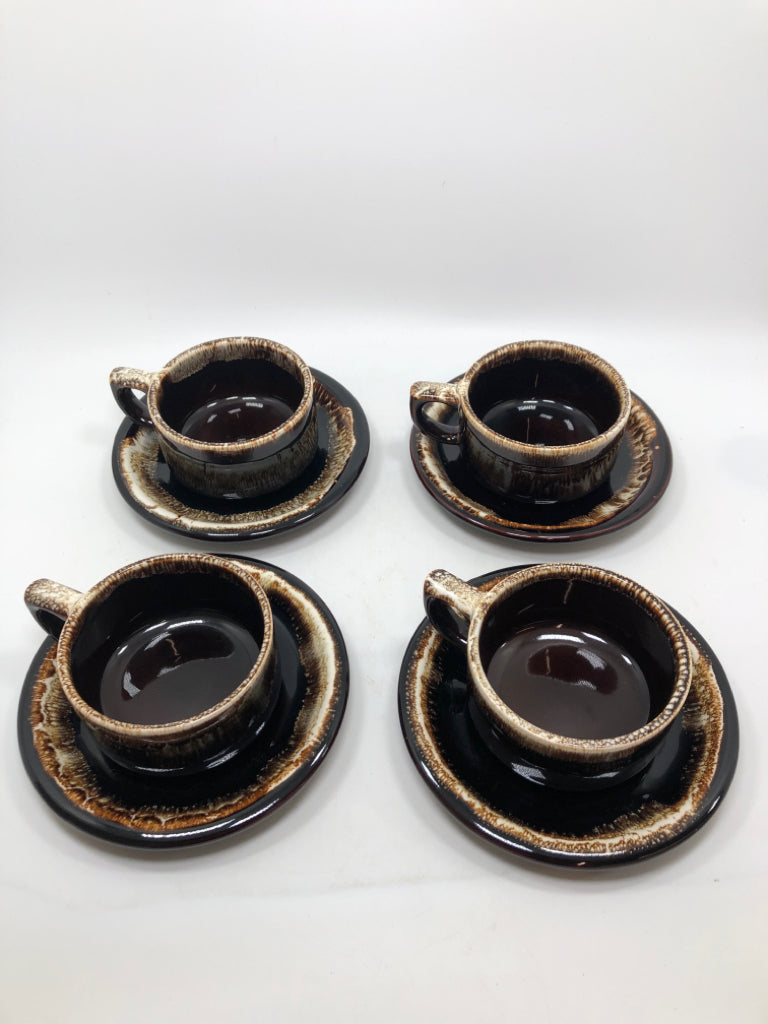 8PC VTG BROWN DRIP GLAZE MUG/SAUCER SET.