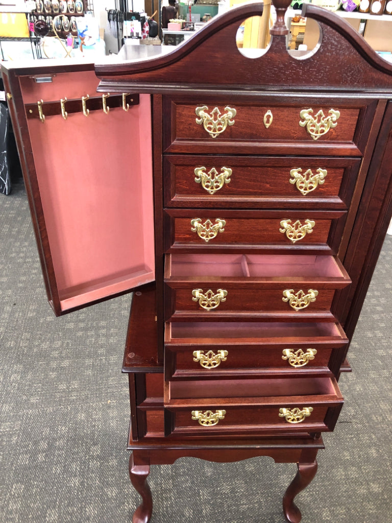 DARK WOOD JEWELRY ARMOIRE.