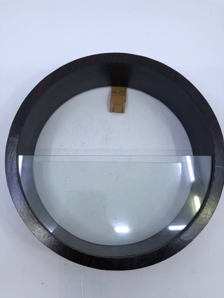 DARK WOOD CIRCLE WALL HANGING W/ GLASS PANES.