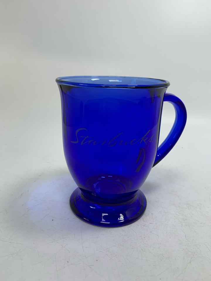VTG ETCHED STARBUCKS COBALT BLUE FOOTED GLASS MUG.