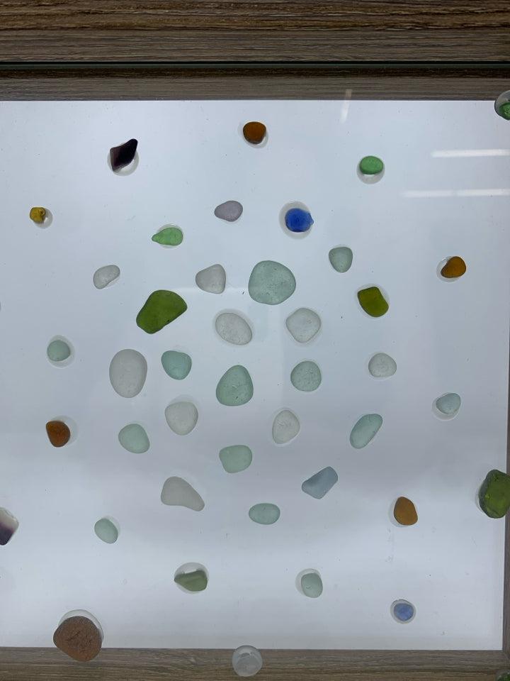 SEAGLASS IN WOOD SHADOWBOX FRAME.