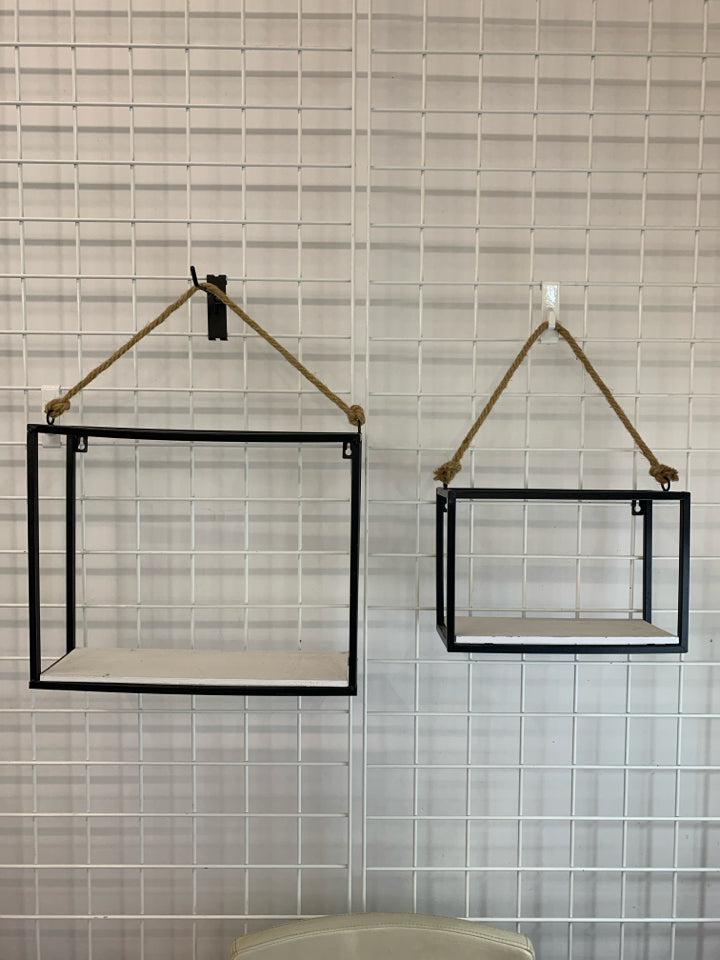 2 BLACK METAL WHITE SHELVES WITH ROPE.