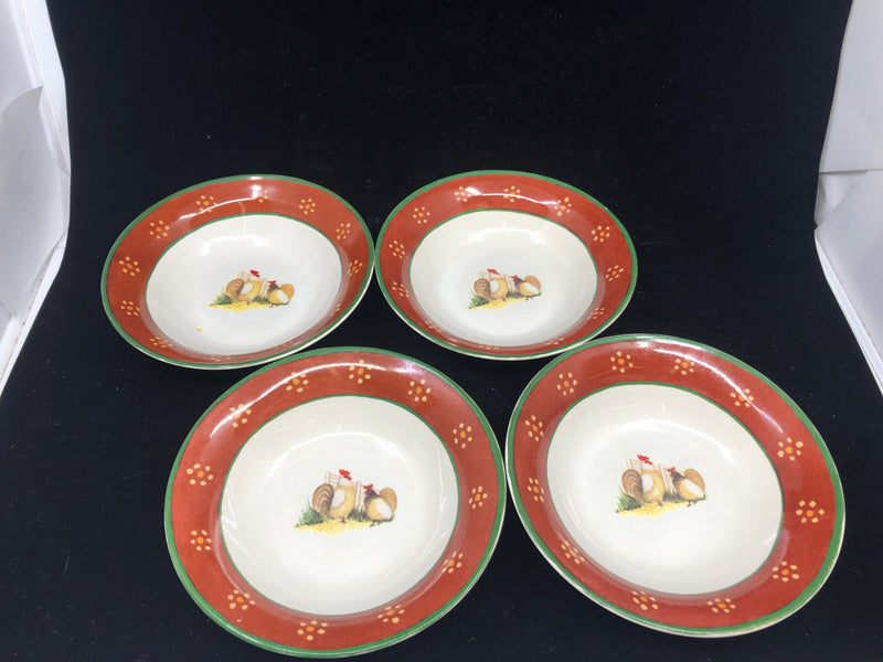 4 RED GREEN ROOSTER BOWLS.