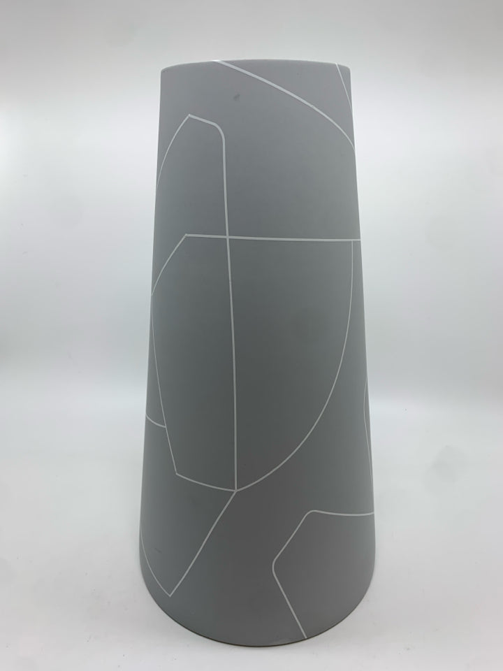 MIDDLE KINGDOM GREY CERAMIC VASE W/WHITE LINES.
