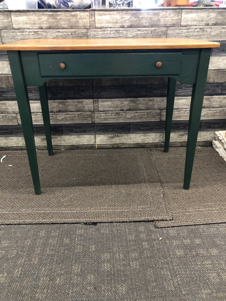 GREEN TABLE W 1 DRAWER AND WOOD TOP.