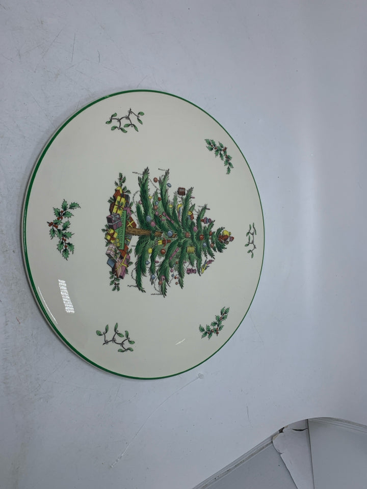 2 PC SPODE CHRISTMAS TREE DOOMED CAKE PLATE & KNIFE .