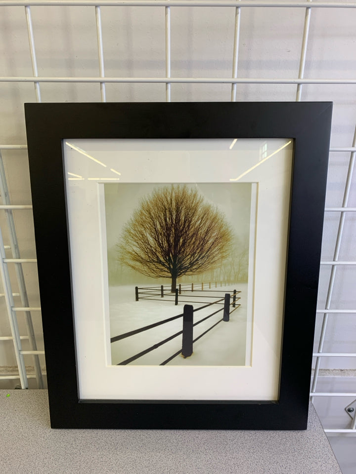 BARE TREE W FENCE IN BLACK FRAME WALL ART.