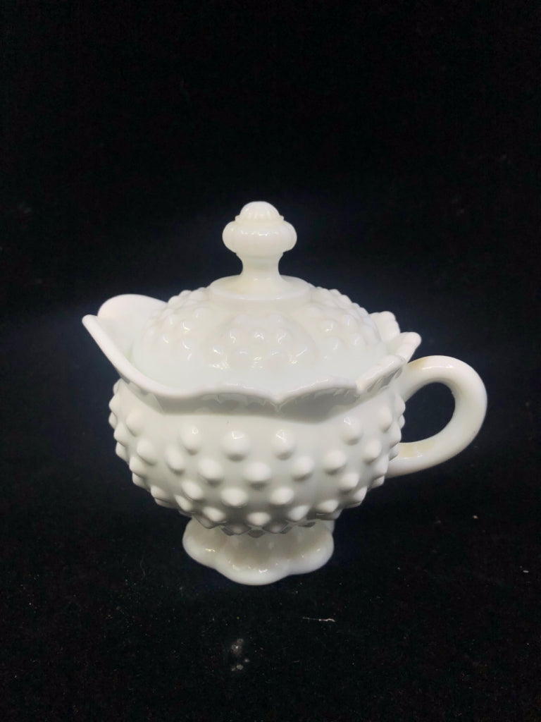 VTG HOBNAIL MILK GLASS CREAMER W/ LID.