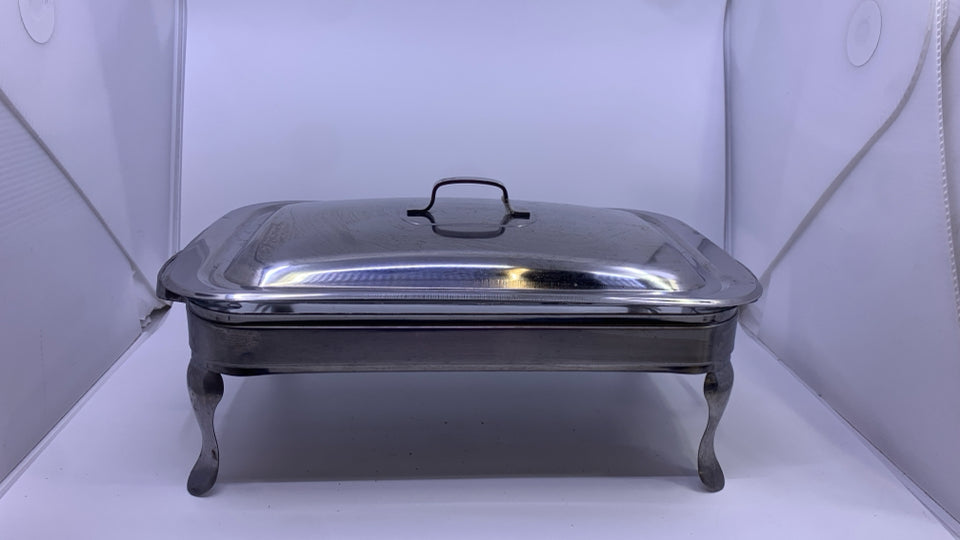 SILVER METAL RECTANGLE CHAFING DISH W GLASS INSERT AND LID.