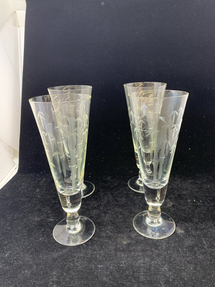4 VTG SASAKI BAMBOO ETCHED CRYSTAL PILSNER GLASSES.