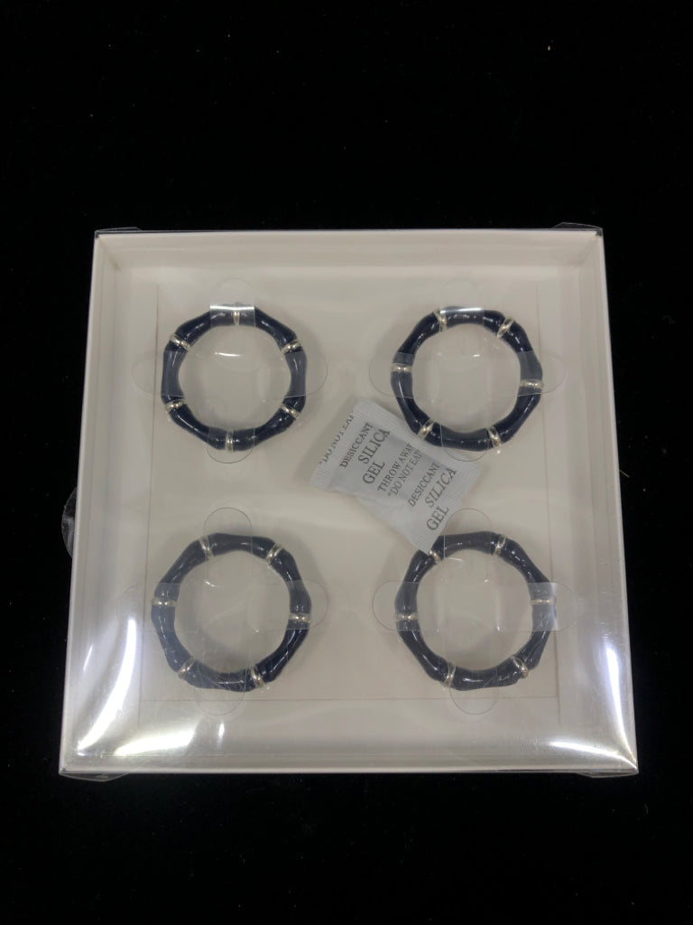 NIP 4PC ENAMEL BLUE&SILVER BAMBOO NAPKIN RING SET.