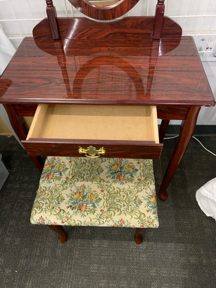 CHERRY WOOD VANITY W STOOL.