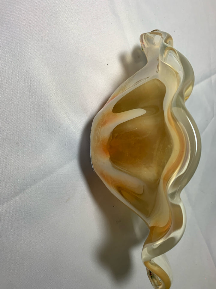 ABSTRACT GLASS BOWL W/ IRIDESCENT ORANGE OUTSIDE- WHITE CRYSTAL.