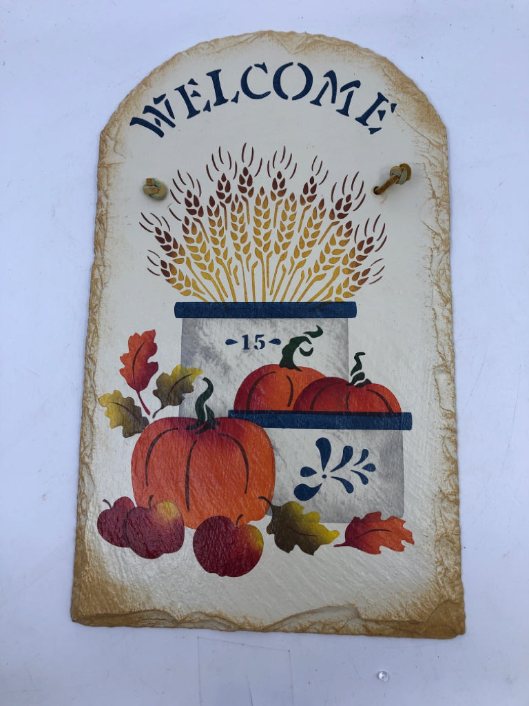 "WELCOME" WHEAT, PUMPKINS IN CROCKS- PAINTED SLATE.