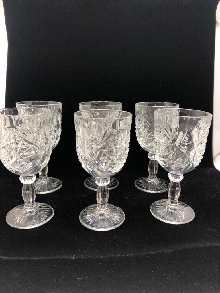6 GLASS/CRYSTAL GOBLETS W/EMBOSSED MEDALLION DESIGN.