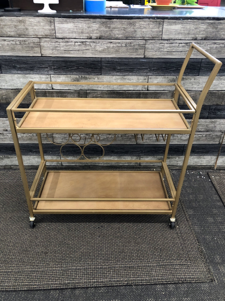 WOOD 2 TIER ROLLING BEVERAGE CART W/GOLD METAL FRAME, WINE RACK.