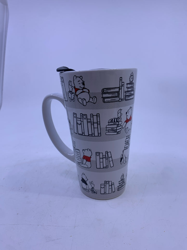 BLACK/WHITE WINNIE THE POOH COFFEE MUG WITH LID.