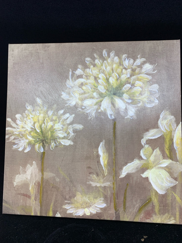 BROWN CANVAS WITH WHITE FLOWERS WALL HANGING.