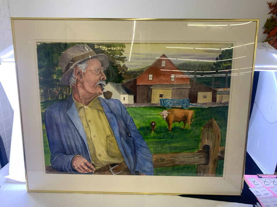OLDER MAN W PIPE LEANING ON WOODEN FENCE W RURAL SCENE.