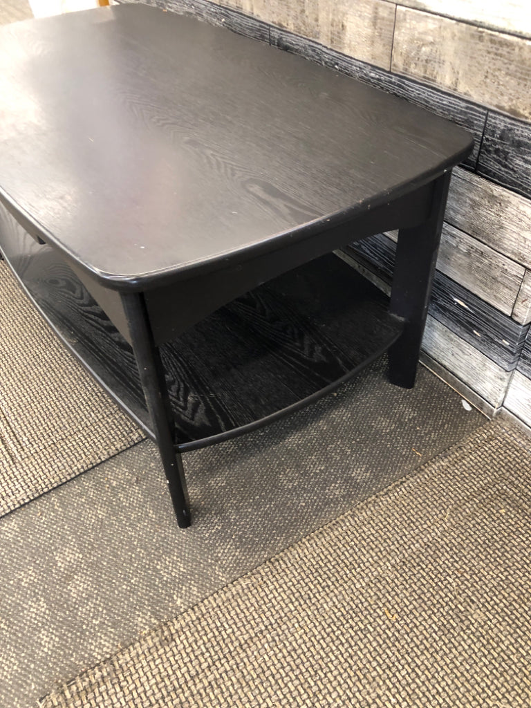 BLACK FAUX WOOD 2 TIER COFFEE TABLE W/ DRAWER.