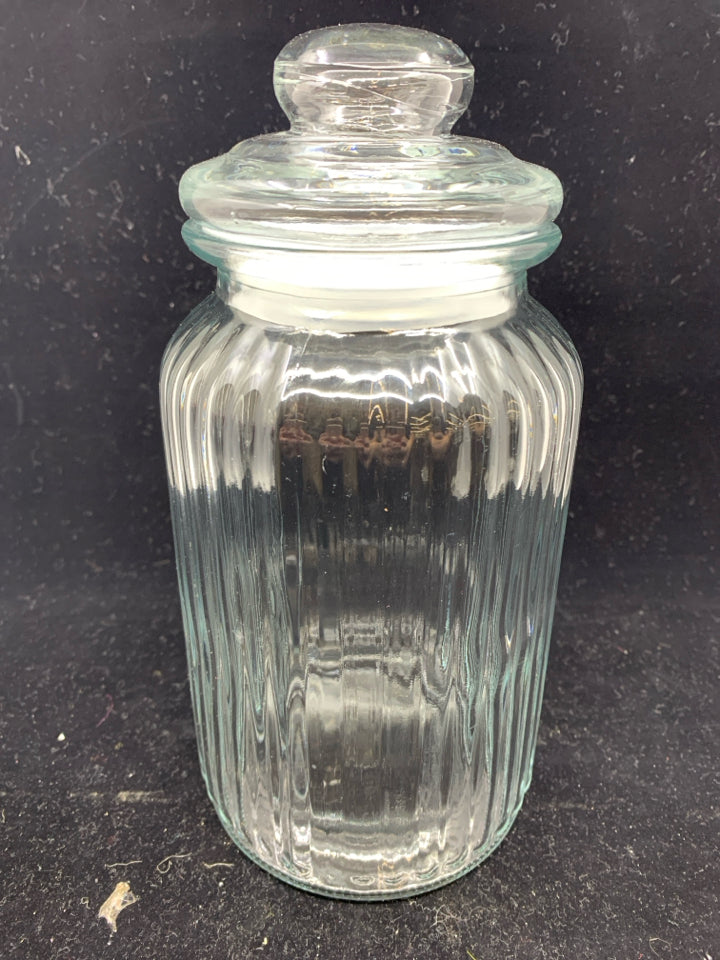 CLEAR GLASS RIBBED CANISTER W/LID.