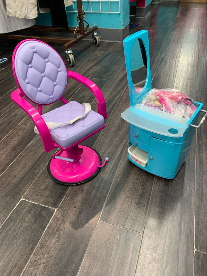 American Girl Doll Blue Hair Caddy & Chair Set