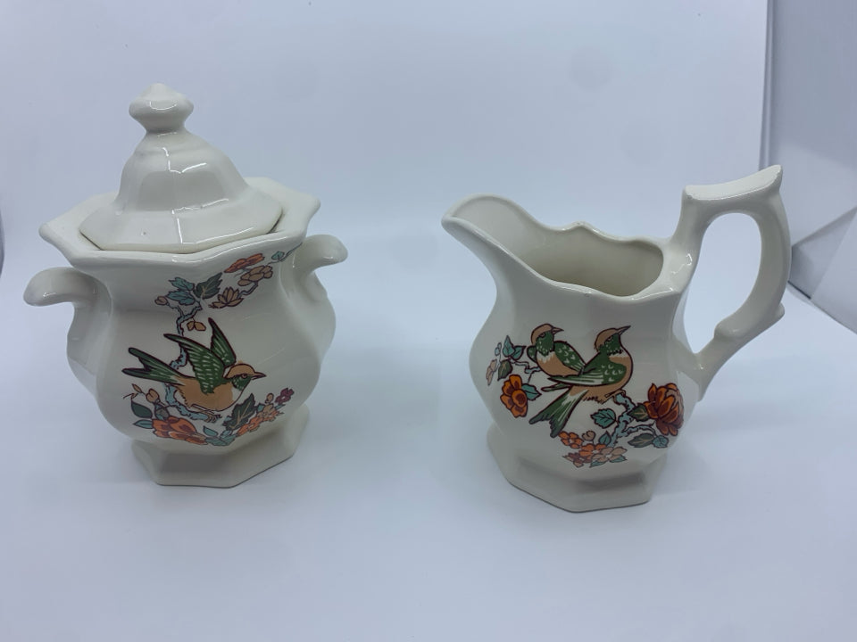 LARGE CREAM GREEN PAINTED BIRDS SUGAR AND CREAMER.