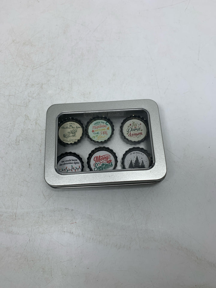 TAYLOR SWIFT THEMED BOTTLE CAP MAGNETS IN METAL BOX.