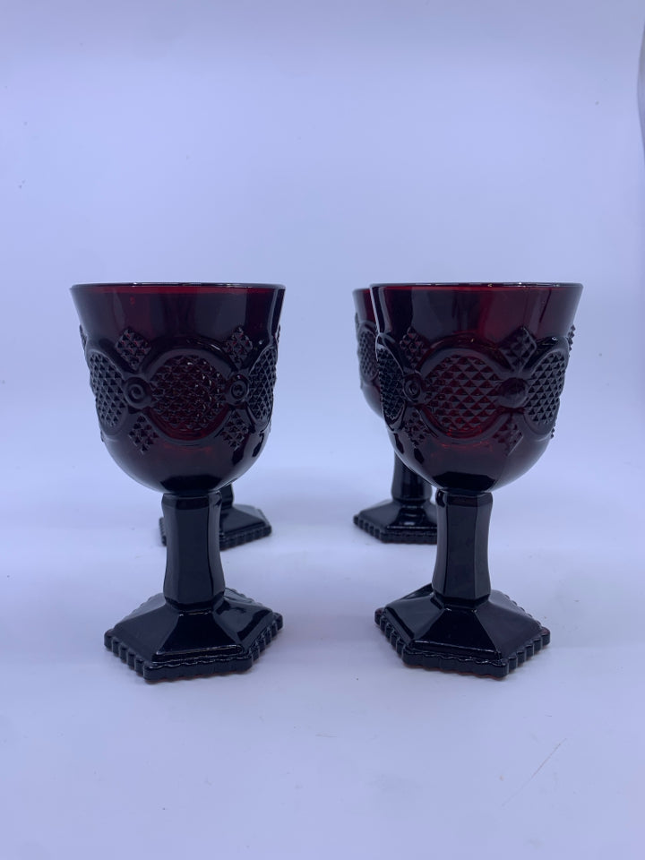 4 FOOTED CRANBERRY GLASS SMALL GOBLETS.