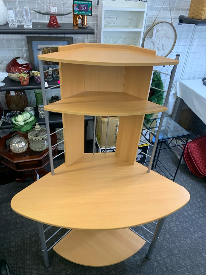 BLONDE CORNER DESK W 3 SHELVES.