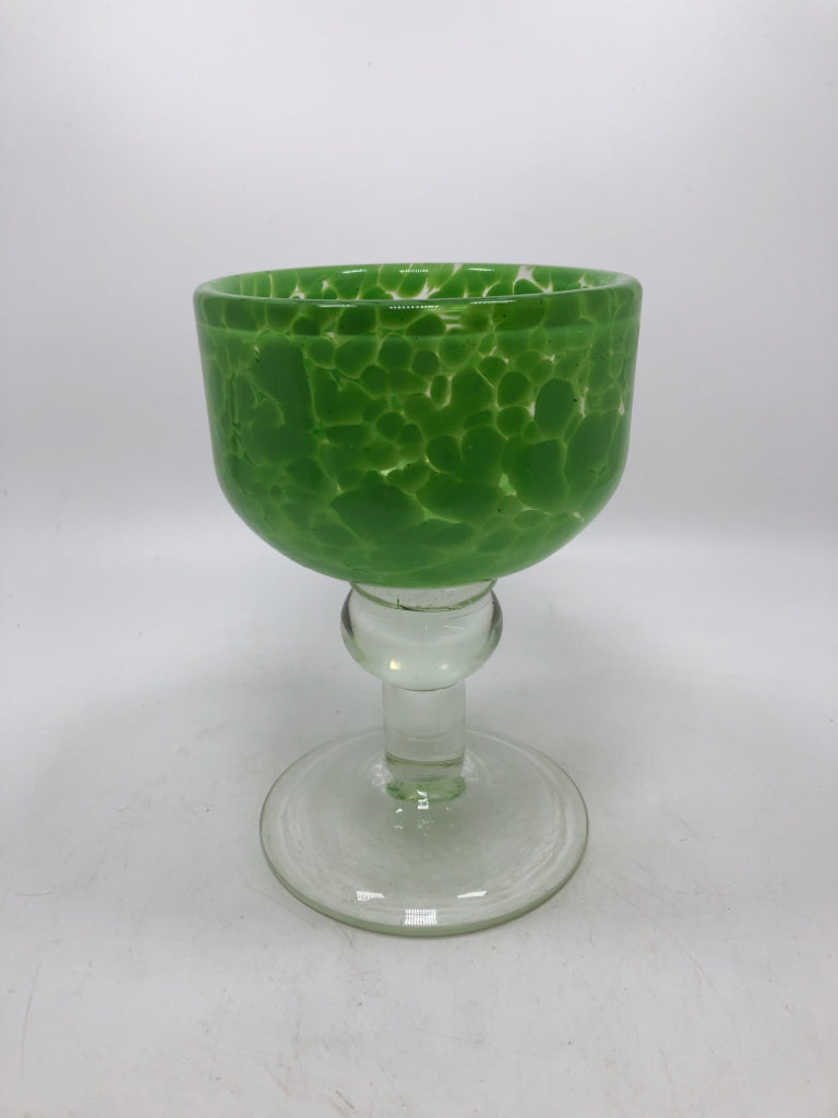 5 SPECKLED GREEN GLASS GOBLETS.