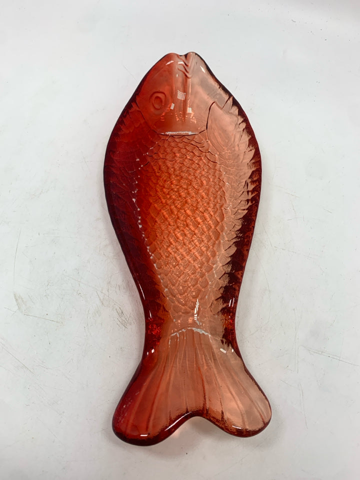 RED GLASS FISH DISH.