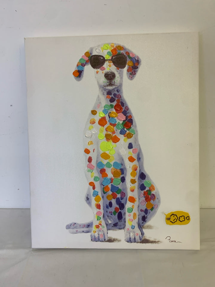 DOG CANVAS W/ GLASSES COLORED POLKA DOTS.