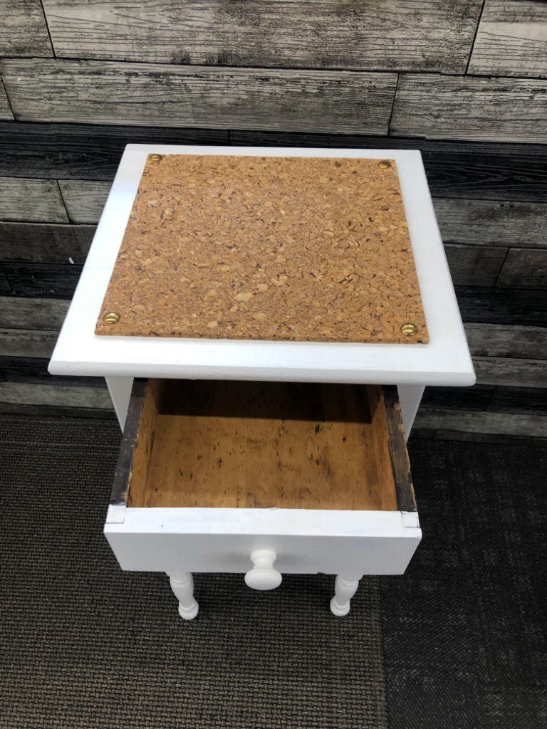 TALL 2-TIER WHITE SIDE TABLE W/CORK TOP.