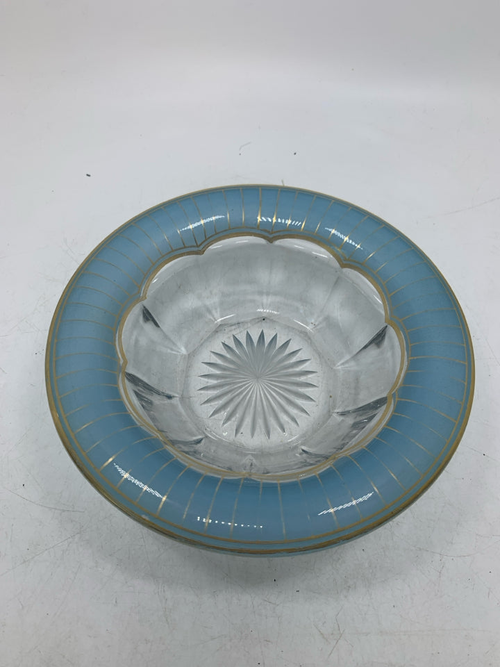 VTG BLUE RIM ROLLED EDGE GLASS BOWL.