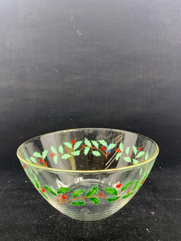 HOLLY & BERRIES GLASS SERVING BOWL.