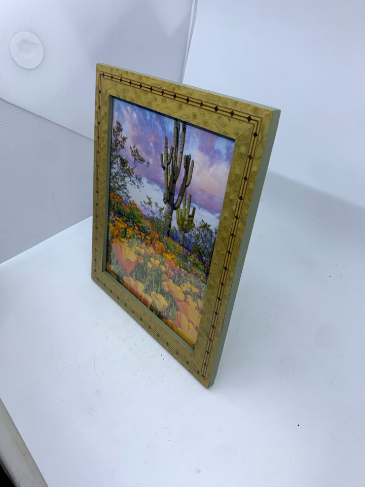 CACTUS W FLORAL IN TAN FRAME DECOR.