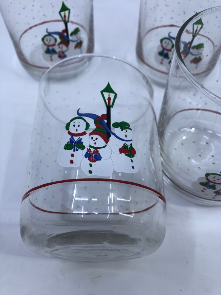 4 CAROLING SNOWMAN DRINK GLASSES.