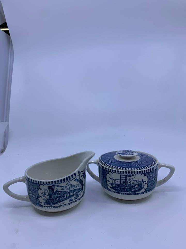 VTG BLUE AND WHITE TRAIN SCENE SUGAR AND CREAMER.