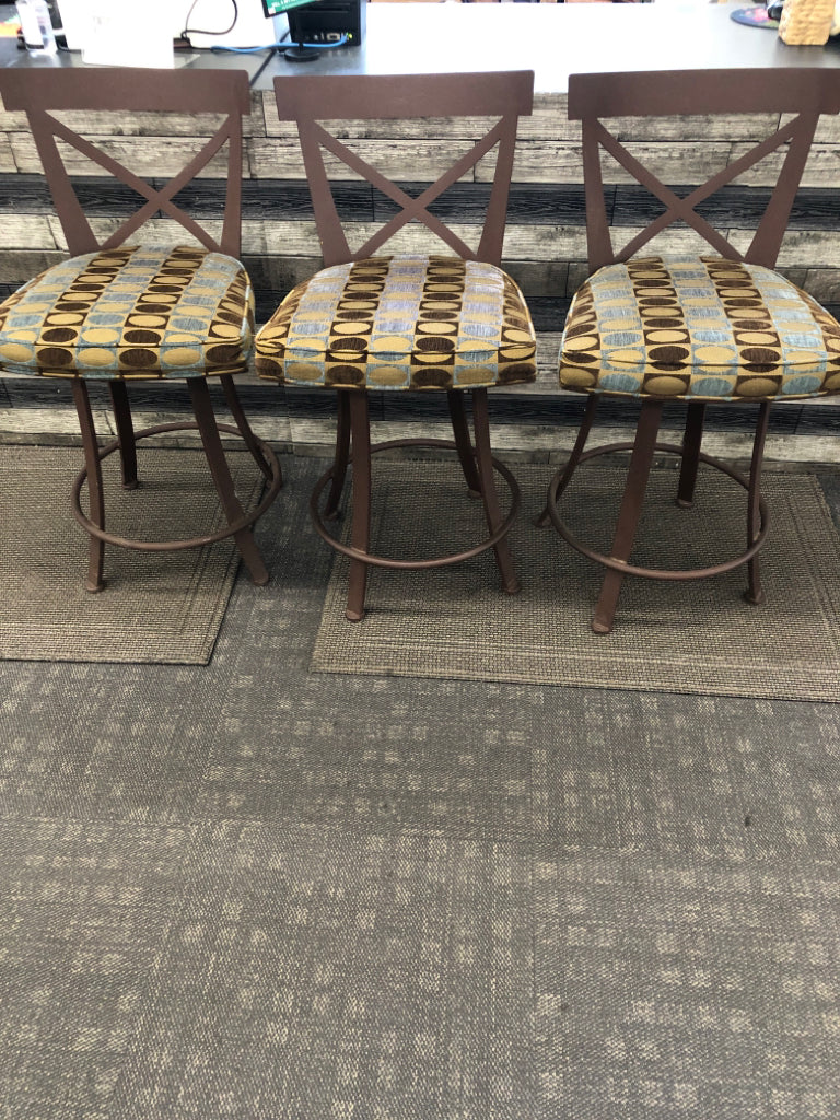 3 BROWN AND BLUE ACCENT METAL STOOLS.
