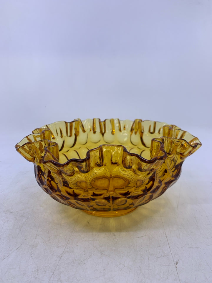 AMBER THUMBPRINT GLASS CANDY DISH W/ RUFFLED EDGE.