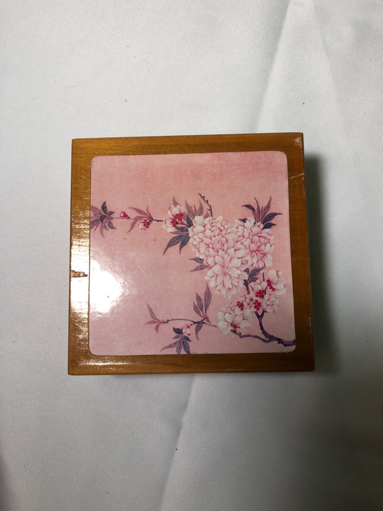 7 WOOD CHERRY BLOSSOM COASTERs IN BOX.