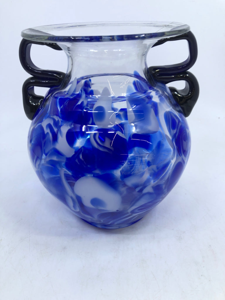 BLOWN GLASS BLUE/WHITE DOTTED VASE W/ HANDLES.